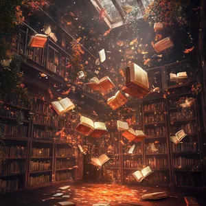 A library where the books are glowing and floating in mid-air, illustrated in a magical realism style with dramatic lighting and rich atmospheric colors. - Midjourney Midjourney V6.1