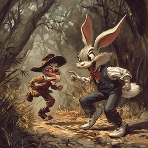 A Looney Tunes-inspired cartoon scene of a clever rabbit tricking a hunter. - Midjourney Midjourney V6.1