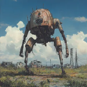A mechanical creature in a polluted landscape. Capture the visual aesthetic of 'Nausicaä' by Studio Ghibli, with Miyazaki's mechanical designs and environmental contrast. - Midjourney Midjourney V6.1