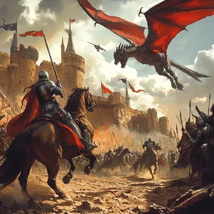 A medieval battlefield with knights on horseback and a dragon flying overhead. - Midjourney Midjourney V6.1