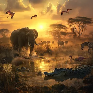 A misty dawn at an African savanna watering hole where elephants, lions, and zebras coexist in tense harmony, with a crocodile partially submerged in the foreground and flamingos taking flight in the background, golden hour lighting. - Midjourney Midjourney V6.1
