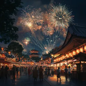A nighttime festival with fireworks in the sky, food stalls lined up, and crowds mingling. - Midjourney Midjourney V6.1