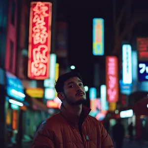 A nighttime portrait of a man lit by neon signs on a city street. - Midjourney Midjourney V6.1