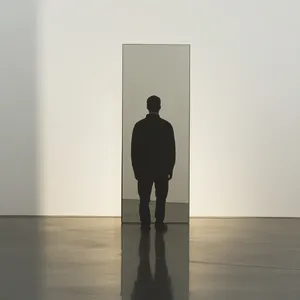A person standing before a mirror, with their front and reflected back both visible. - Midjourney Midjourney V6.1