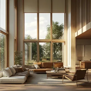 A photorealistic interior of a modern Scandinavian-style living room with natural light streaming through floor-to-ceiling windows. Show detailed wood textures, fabric materials, and proper light reflections. - Midjourney Midjourney V6.1