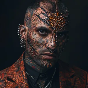 A portrait of a person with elaborate facial tattoos and piercings, shown in sharp detail. - Midjourney Midjourney V6.1