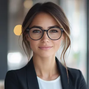 A professional headshot of a businesswoman wearing glasses, against a blurred background. - Midjourney Midjourney V6.1