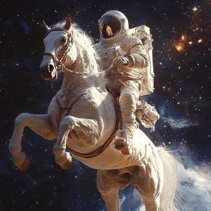 A realistic astronaut being ridden by a horse, photorealistic depiction in outer space with accurate lighting and proportions - Midjourney Midjourney V6.1