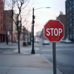 A red stop sign on a street corner displaying the word 