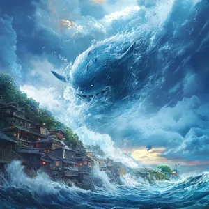 A sea creature rising from a stormy ocean near a village. Replicate the visual style of 'Ponyo' by Studio Ghibli, with Miyazaki's fluid water animations and vibrant creatures. - Midjourney Midjourney V6.1
