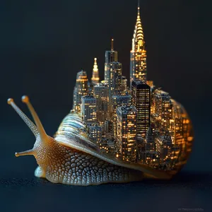 A snail whose shell contains a miniature city skyline, depicted in a hyperrealistic macro photography style with intricate architectural details and ambient lighting. - Midjourney Midjourney V6.1