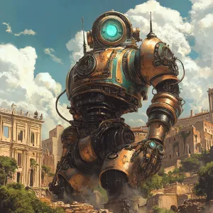 A steampunk robot time-traveling in ancient Rome, depicted in a detailed cinematic style that blends historical accuracy with copper and brass retrofuturistic aesthetics. - Midjourney Midjourney V6.1