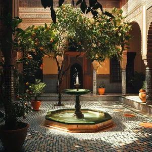 A traditional Moroccan riad courtyard with detailed zellige tilework, flowing fountain, citrus trees, and ornate woodwork. Morning light casting intricate shadow patterns. - Midjourney Midjourney V6.1