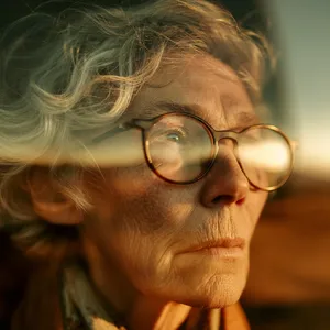 A ultra high-resolution portrait of an elderly woman with silver hair and bifocal glasses, each lens reflecting a distant landscape, captured in warm late-afternoon sunlight - Midjourney Midjourney v7