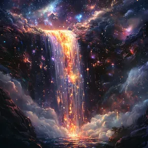 A waterfall that pours out stars and galaxies instead of water, illustrated in a cosmic fantasy style with vibrant space colors and dramatic lighting effects. - Midjourney Midjourney V6.1