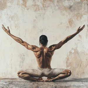A yoga practitioner in a complex pose, arms and legs fully extended (full-body view). - Midjourney Midjourney V6.1