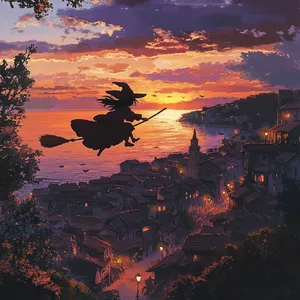 A young witch flying on a broomstick above a coastal town at sunset. Exact art style of 'Kiki's Delivery Service' by Studio Ghibli, with Miyazaki's character design and warm colors. - Midjourney Midjourney V6.1