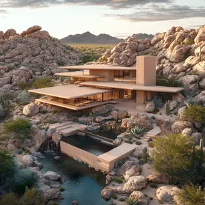 Aerial view of a modernist desert home, in the style of Frank Lloyd Wright's Fallingwater but adapted to desert conditions. Show integration with rocky landscape and water features. - Midjourney Midjourney V6.1