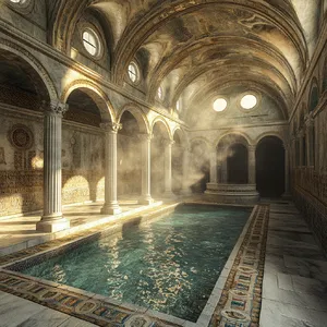 An ancient Roman bathhouse interior with accurate architectural details - marble columns, mosaic floors, arched ceilings, and steam rising from pools. Natural light from oculus openings. - Midjourney Midjourney V6.1