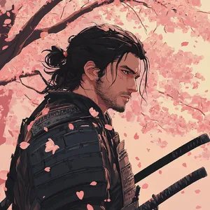 An anime-style portrait of a samurai standing under pink cherry blossoms. - Midjourney Midjourney V6.1