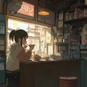 An anime scene of a character eating ramen at a small shop counter (slice-of-life style). - Midjourney Midjourney V6.1