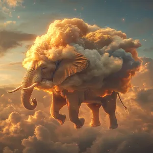 An elephant made of clouds floating in a sunset sky, rendered in a surrealist photorealistic style with ethereal golden lighting and atmospheric depth. - Midjourney Midjourney V6.1