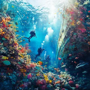An underwater scene with scuba divers exploring a coral reef alongside colorful fish and a sunken ship. - Midjourney Midjourney V6.1