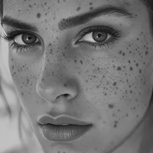 A black and white close-up portrait of a freckled woman with an intense gaze. - Black Forest Labs Flux 1.1 Pro Ultra