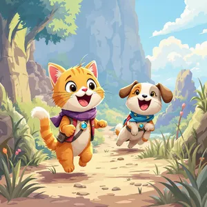 A cartoon of a cat and a dog on an adventure, drawn in a colorful 2D style. - Black Forest Labs Flux 1.1 Pro Ultra