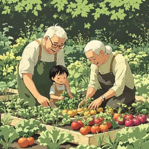 A child and elder tending oversized vegetables in a garden. Reproduce the artistic style of Studio Ghibli, with their distinctive character proportions and detailed plant illustrations. - Black Forest Labs Flux 1.1 Pro Ultra