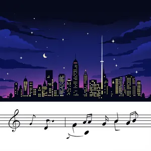 A city skyline that forms the shape of musical notes on a staff, created in a stylized graphic design aesthetic with clean architectural lines and dramatic twilight colors. - Black Forest Labs Flux 1.1 Pro Ultra