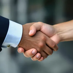 A close-up of two people shaking hands, both hands fully visible with five fingers each, in sharp focus against a blurred background. - Black Forest Labs Flux 1.1 Pro Ultra