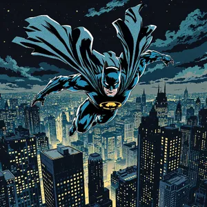 A comic-book style superhero flying over a city at night, with halftone shading. - Black Forest Labs Flux 1.1 Pro Ultra