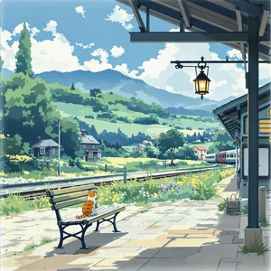 A countryside train station with a cat waiting on a bench. Rendered in Studio Ghibli animation style with Miyazaki's watercolor backgrounds and hand-drawn quality. - Black Forest Labs Flux 1.1 Pro Ultra