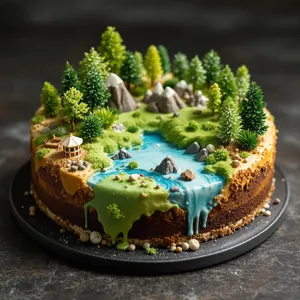 A dessert cake that looks like a tiny planet, complete with miniature trees and mountains, photographed in a professional food photography style with tilt-shift focus effect. - Black Forest Labs Flux 1.1 Pro Ultra
