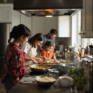 A family cooking together in a kitchen, each person busy with a different task. - Black Forest Labs Flux 1.1 Pro Ultra