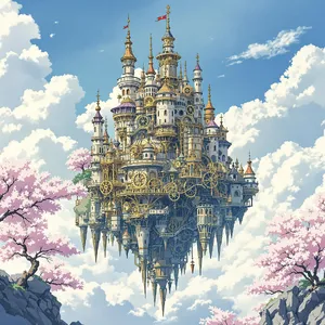 A floating steampunk castle in the sky with intricate mechanical gears and cherry blossom trees, illustrated in Hayao Miyazaki's Castle in the Sky (1986) art style with watercolor textures and detailed line work. - Black Forest Labs Flux 1.1 Pro Ultra