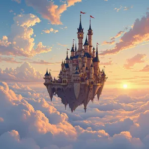A flying castle floating in clouds at sunrise. Match the visual aesthetic of 'Howl's Moving Castle' by Studio Ghibli, with Miyazaki's blend of steampunk elements and fantasy. - Black Forest Labs Flux 1.1 Pro Ultra