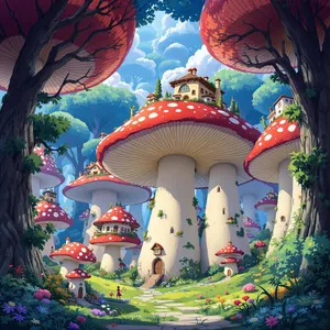 A forest of giant mushrooms with houses built on top of them, rendered in a whimsical Studio Ghibli-inspired art style with vibrant colors and fantastical details. - Black Forest Labs Flux 1.1 Pro Ultra