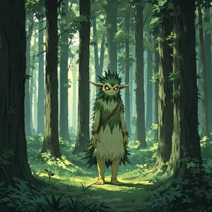 A forest spirit standing among tall trees. Replicate the artistic style of 'Princess Mononoke' by Studio Ghibli, with Miyazaki's detailed environments and mystical creature design. - Black Forest Labs Flux 1.1 Pro Ultra