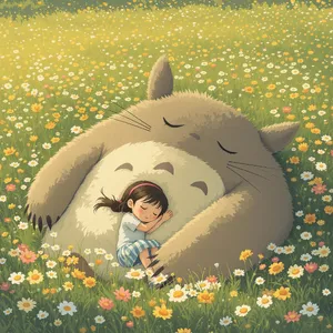A girl and a giant fluffy creature napping in a wildflower meadow. Reproduce the art style of 'My Neighbor Totoro' by Studio Ghibli, with Miyazaki's soft character designs. - Black Forest Labs Flux 1.1 Pro Ultra