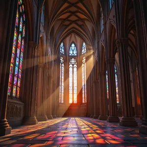 A Gothic cathedral interior at sunset with light streaming through detailed stained glass windows, creating colored patterns on stone floors and columns. Show accurate ribbed vaulting. - Black Forest Labs Flux 1.1 Pro Ultra