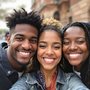 A group selfie of three friends of different ethnic backgrounds smiling at the camera. - Black Forest Labs Flux 1.1 Pro Ultra