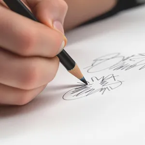 A hand drawing a sketch on paper with a pencil, the hand and pencil tip in clear focus. - Black Forest Labs Flux 1.1 Pro Ultra