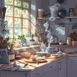 A kitchen with magical cooking implements preparing breakfast. Duplicate the artistic style of Studio Ghibli's domestic scenes, with Miyazaki's detailed settings and warm lighting. - Black Forest Labs Flux 1.1 Pro Ultra
