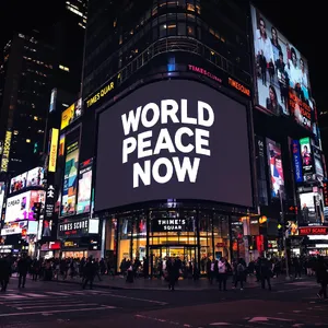 A large storefront billboard at Times Square displaying the slogan “WORLD PEACE NOW” in bold, clear letters, amidst a vibrant cityscape at night. - Black Forest Labs Flux 1.1 Pro Ultra