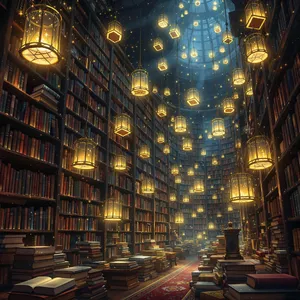A library where the books are glowing and floating in mid-air, illustrated in a magical realism style with dramatic lighting and rich atmospheric colors. - Black Forest Labs Flux 1.1 Pro Ultra
