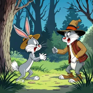 A Looney Tunes-inspired cartoon scene of a clever rabbit tricking a hunter. - Black Forest Labs Flux 1.1 Pro Ultra