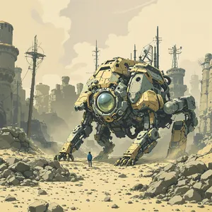 A mechanical creature in a polluted landscape. Capture the visual aesthetic of 'Nausicaä' by Studio Ghibli, with Miyazaki's mechanical designs and environmental contrast. - Black Forest Labs Flux 1.1 Pro Ultra