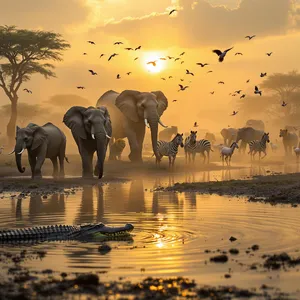 A misty dawn at an African savanna watering hole where elephants, lions, and zebras coexist in tense harmony, with a crocodile partially submerged in the foreground and flamingos taking flight in the background, golden hour lighting. - Black Forest Labs Flux 1.1 Pro Ultra